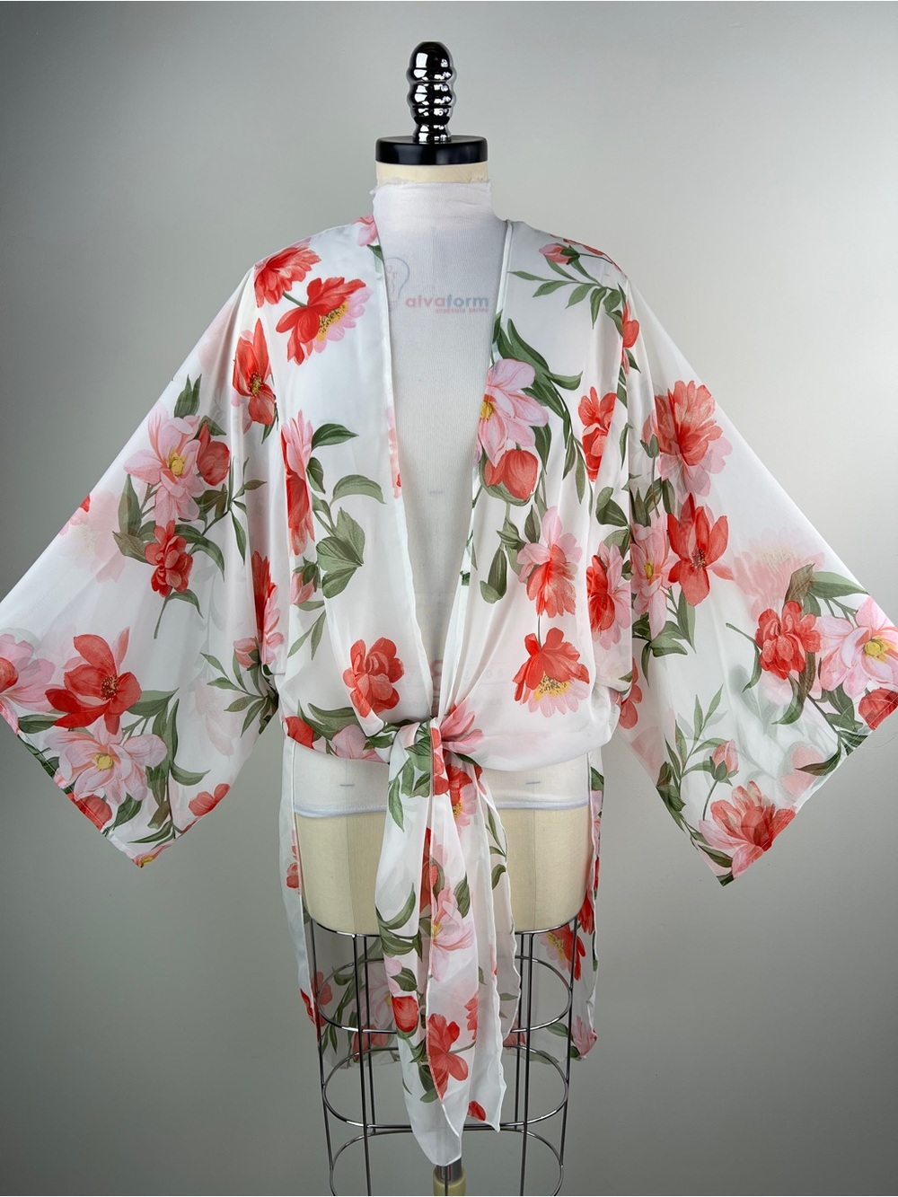💚 3667. Sheer Floral Tie-Front Kimono- White with Red & Pink Flowers
